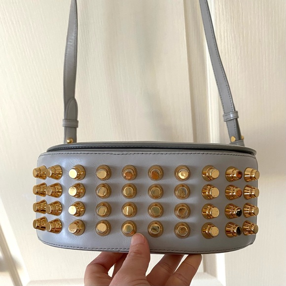 Alexander Wang Grey Calfskin Leather Lia Sling Gold Stud Messenger Crossbody Bag - Picture 6 of 15